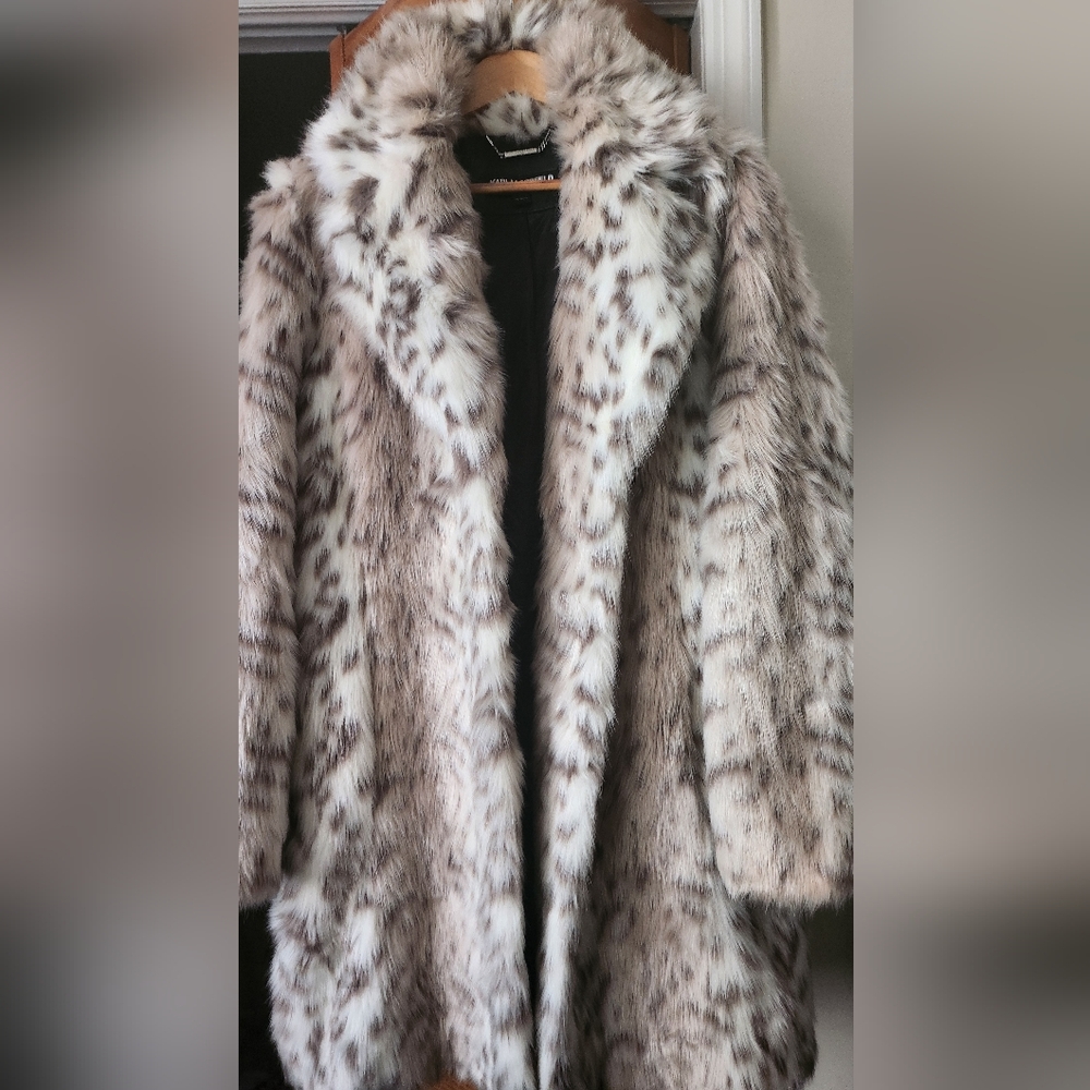 Karl Lagerfeld White and Brown Faux Fur Coat